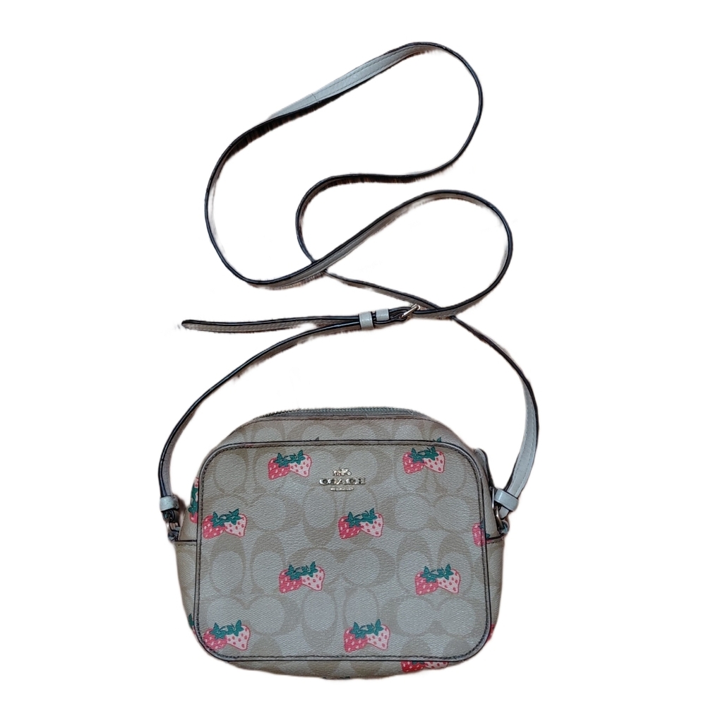 Coach Jaimie Mini Camera Bag Tan Crossbody Bag with Wild Strawberry Design - Picture 16 of 16